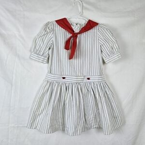 Girls Classic White Blue Striped Nautical Red Collar Sailor Zip Dress 6 Vintage